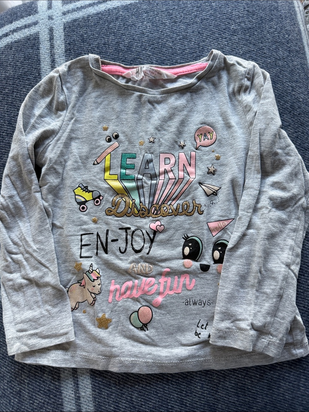 H&M Grey Long Sleeve Tee with Pink, Green & Yellow Graphic